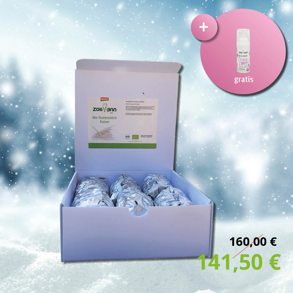 Winterangebot Bio-Stutenmilch Pulver 6 x 100g  Vorteilspack +1x Bio-Stutenmilch Creme gratis
